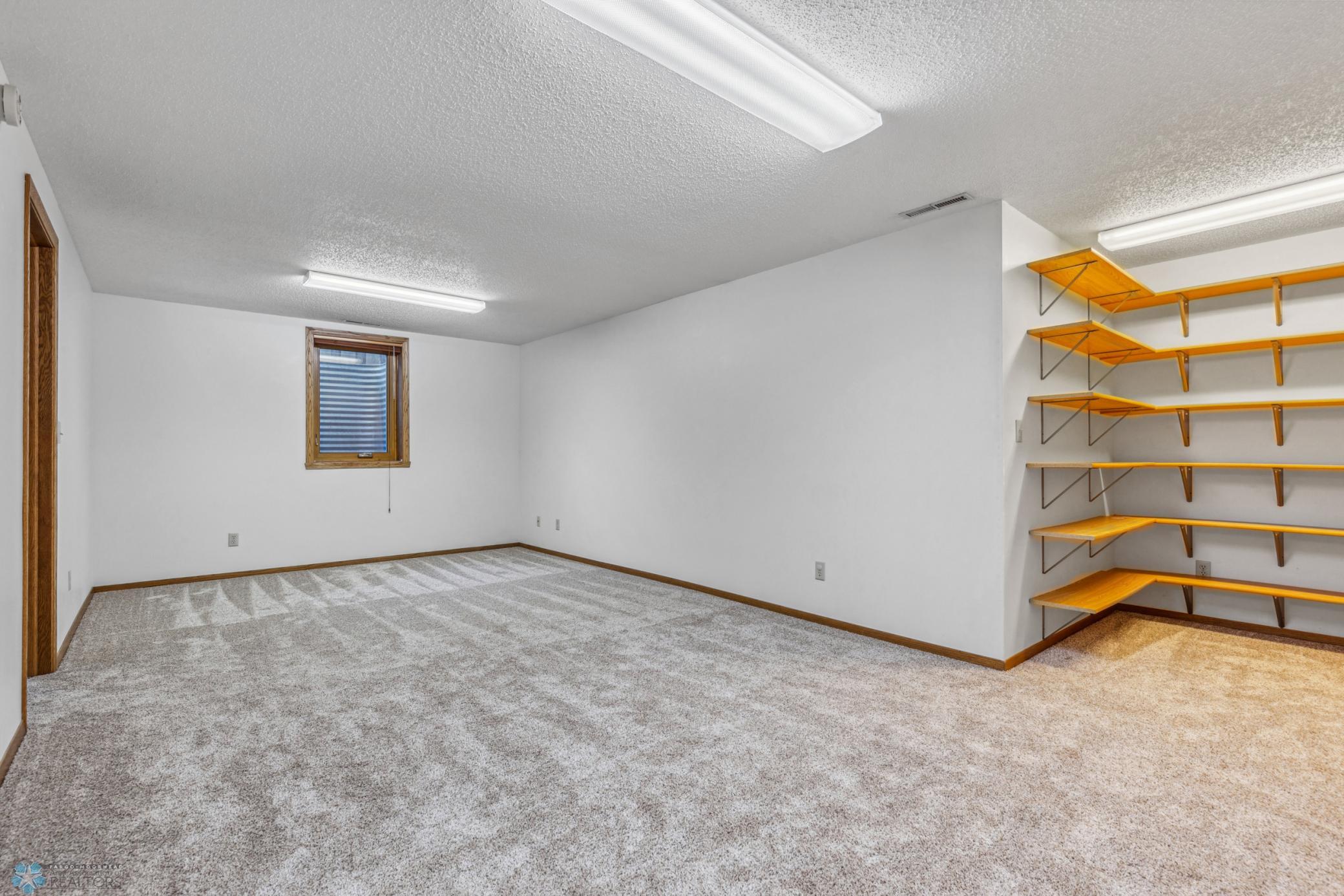 Basement Family Room with Bookshelf Organization