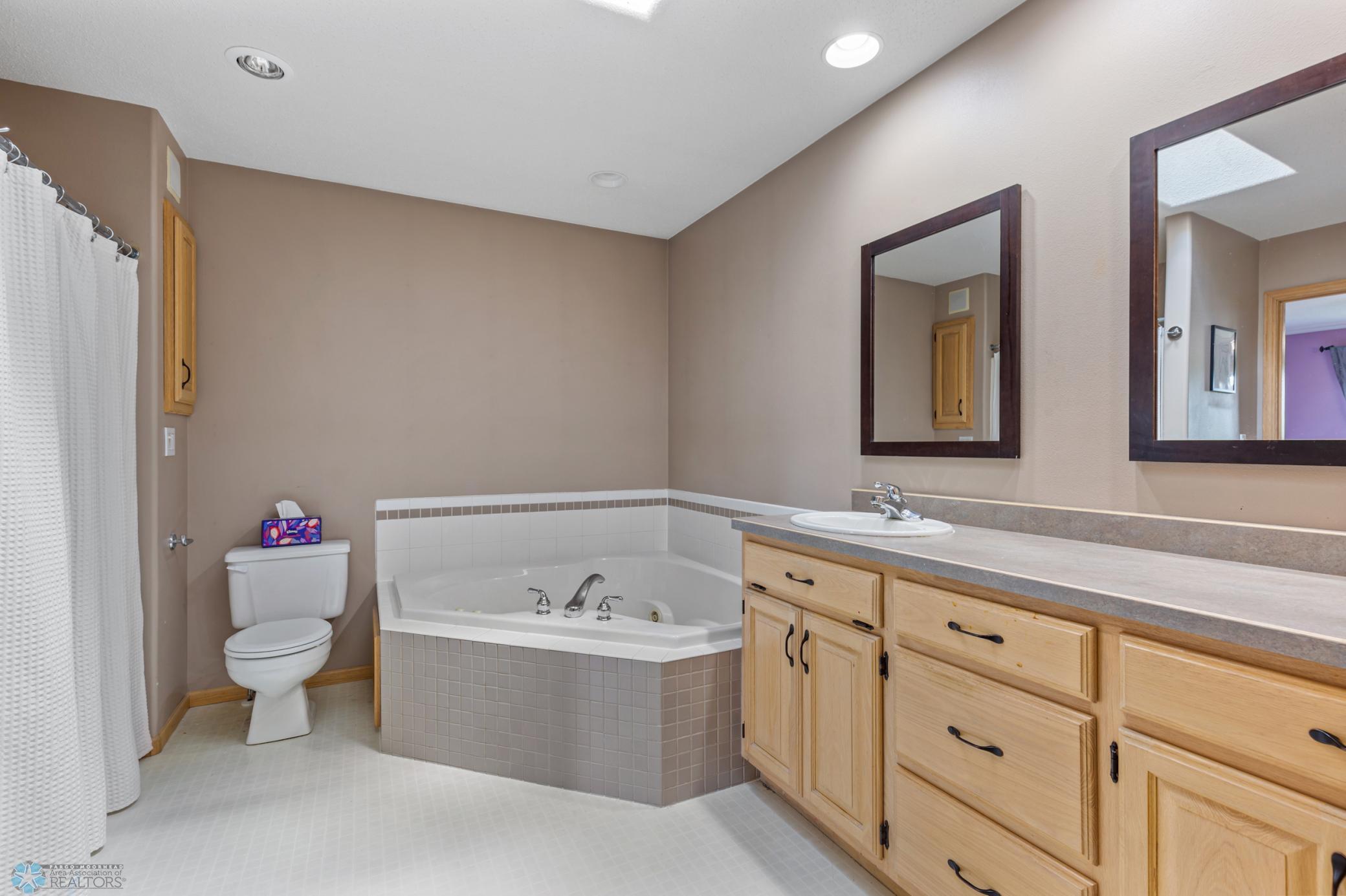 Private 5 Piece Primary Bathroom with Jacuzzi Tub, Separate Shower, and New Skylight
