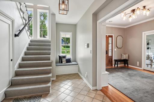 Step upstairs to find two bedrooms and a bathroom.