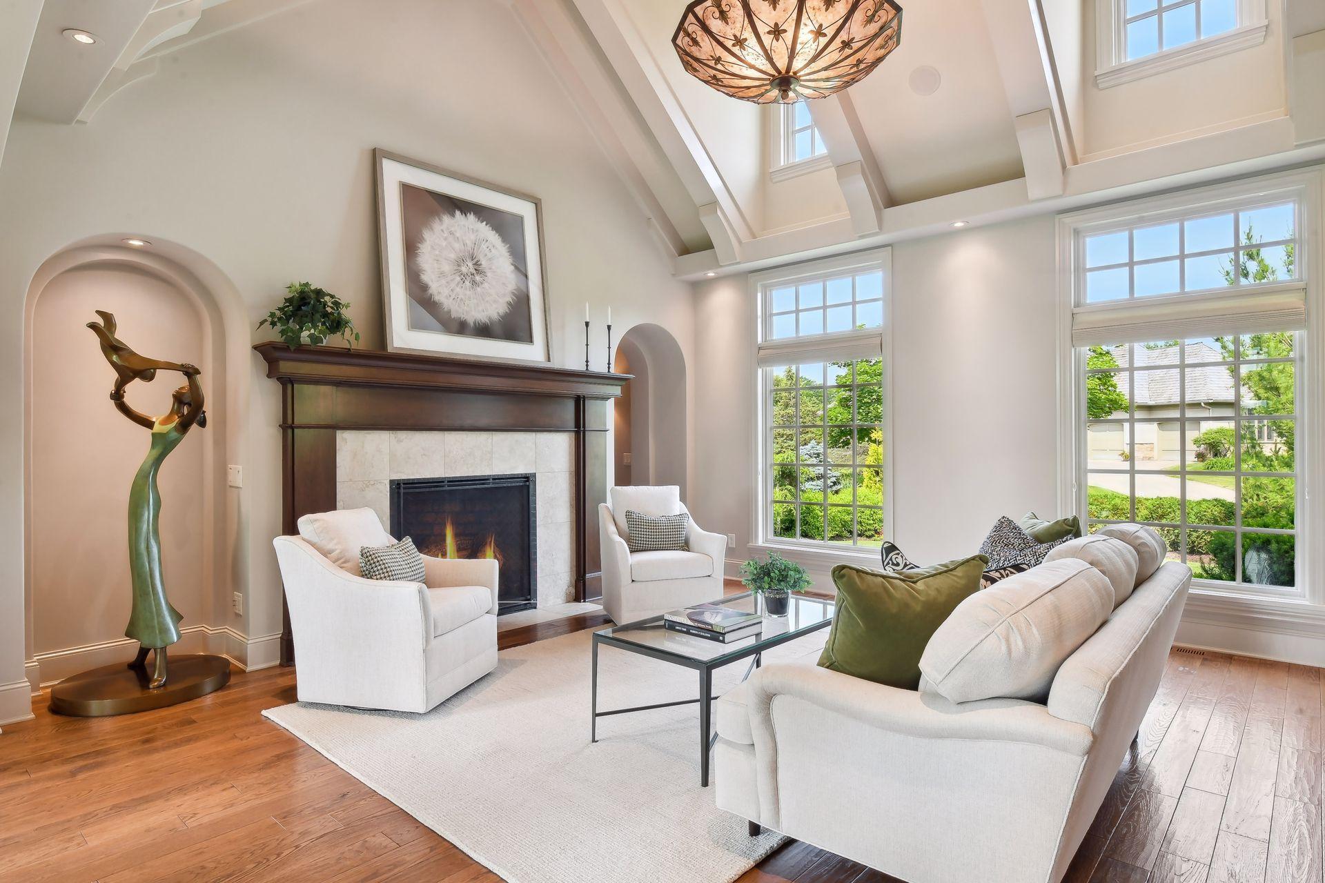 The home's formal living room is filled with natural light