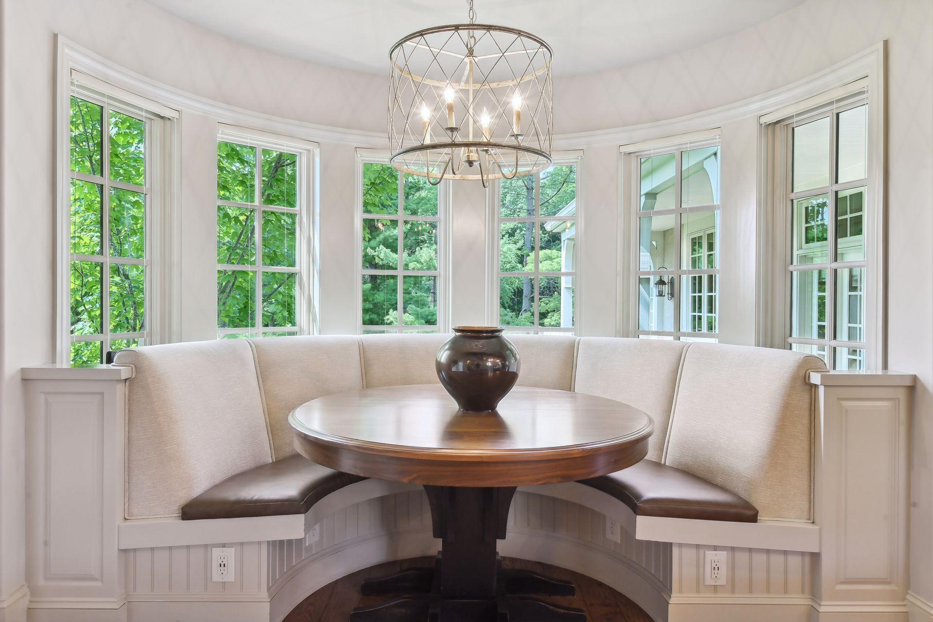 A unique built-in banquet is the perfect spot to enjoy a casual meal