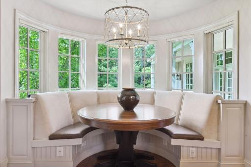 A unique built-in banquet is the perfect spot to enjoy a casual meal