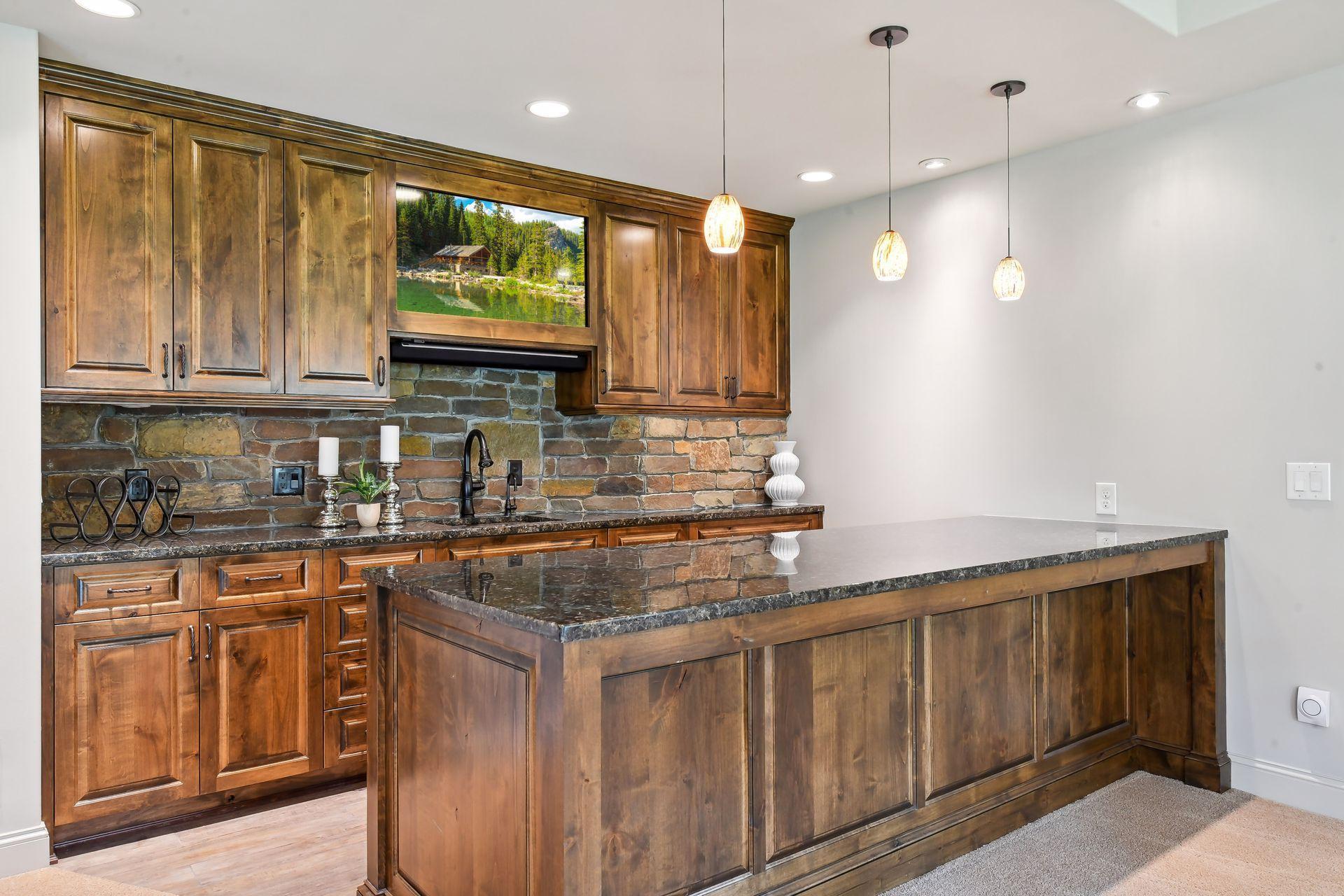 Lower level wet bar with beverage center and microwave makes a perfect spot to gather with friends