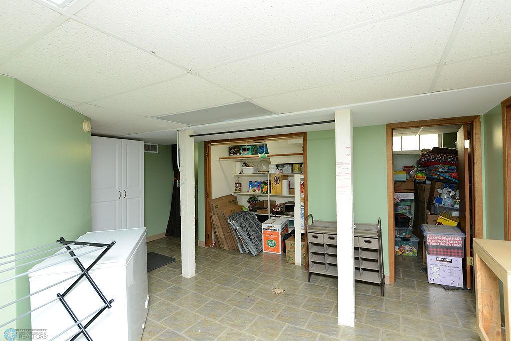Basement laundry area and storage space