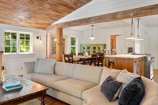 Reclaimed wood boards and timbers were used in the family room addition.