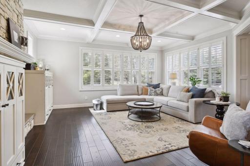 Beautiful Great Room with coffered ceilings and shuttered windows