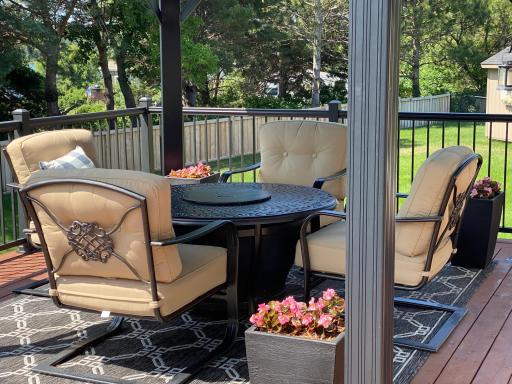 The 22 x 16 ft Upper Deck Features Maintenance Free Railing and Spindles, Newly Stained Decking and a Gazebo.