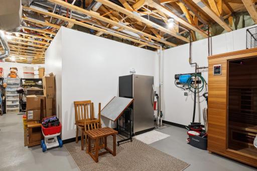 There's Even Storage in the Utility Area. Here Find the In-Floor Heat Boiler, Water Heater, Water Softener, Furnace, Whole House Air Purifier, Radon System and Sump Pump. Note the Barely Used 2014 Health Mate Sauna at Right is Included with the Sale.