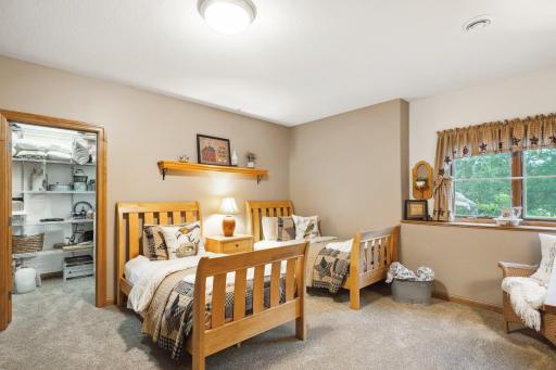 Bedroom 3 on the Lower Level Looks East Toward the Woods and Like All Bedrooms in the Home Features a Lit Walk-In Closet with Adjustable Shelving.