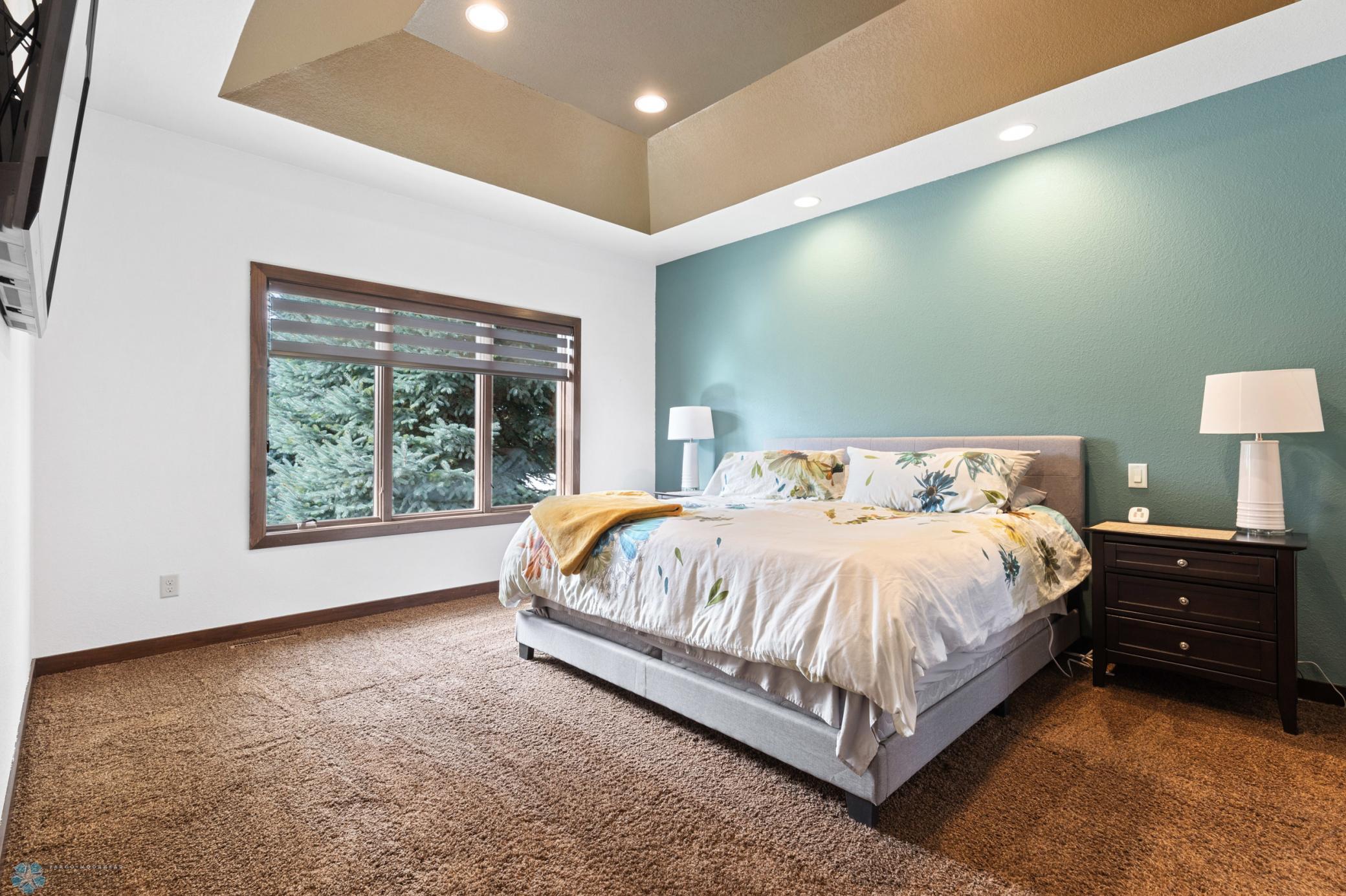 primary bedroom with tray ceilings