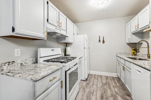 Kitchen with new granite, flooring throughout, and dishwasher