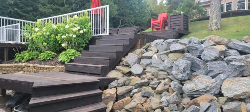 Stair way to the lake and sitting spots on the way
