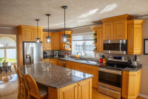 This is a bright kitchen with lots of workspace.