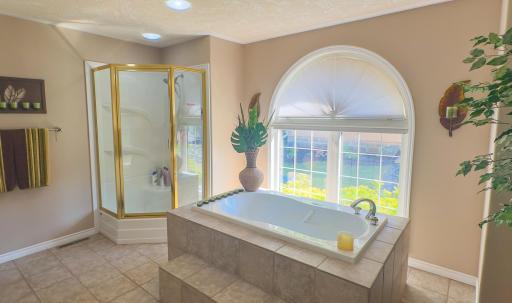 Separate deep bath tub and walk in shower in the primary bathroom