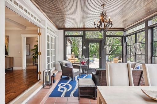 The Sunroom welcomes you from the formal living room and the family room. This 20x18 room provides space for dining, a seating area, and a bar area.