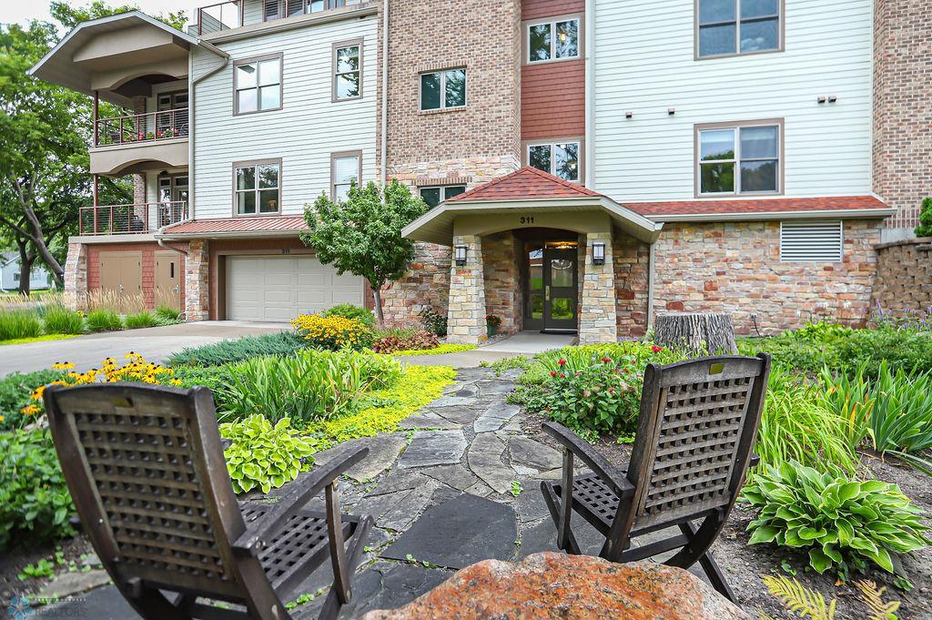 Front entry with garden and sitting area