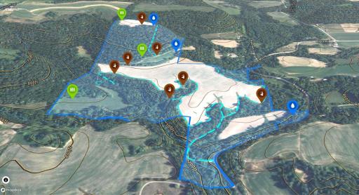 3D Parcel Map (Brown Pins are Banks Blinds, Green Pins are the Food Plots, Blue are the Water Holes and Bogus Creek, Light Blue are some of the trails.)