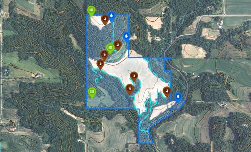 2D Parcel Map (Brown Pins are Banks Blinds, Green Pins are the Food Plots, Blue are the Water Holes and Bogus Creek, Light Blue are some of the trails.)