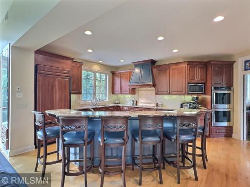 Upper end appliances, including Wolff Stove (glass top) and Vent A Hood, and Kitchenaid built in refrigerator.