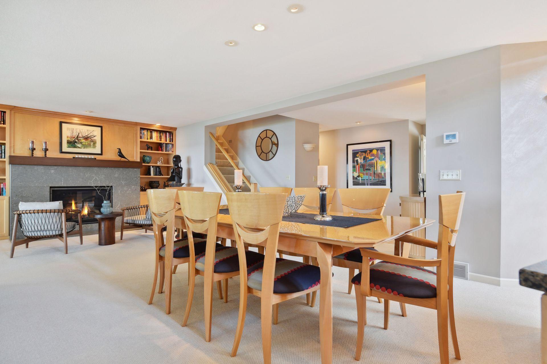The dining room with gas fireplace.