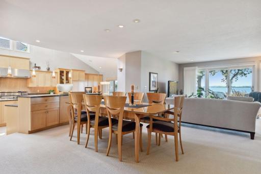 Open floorplan showing the living, dining and kitchen connection.