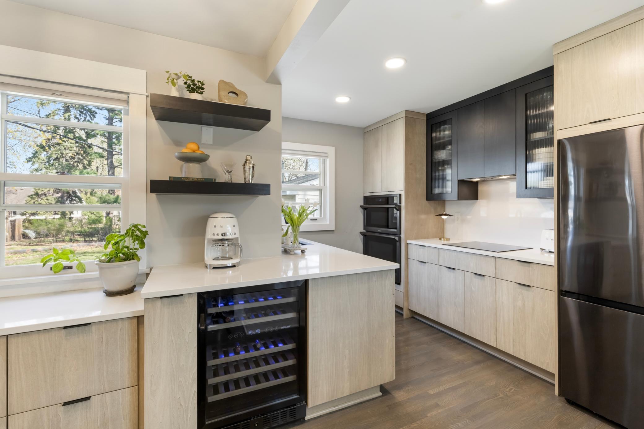 Wine and beverage fridge adds a touch of luxury.