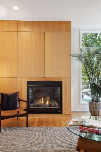 Built-in media and television cabinet with additional storage behind panels. Enjoy the cozy gas fireplace and plenty of natural light throughout the winter!