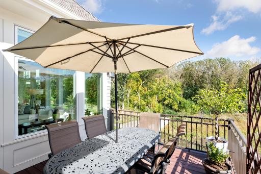 The maintenance-free deck is sunny in the morning and a shady retreat in the afternoon and evening.