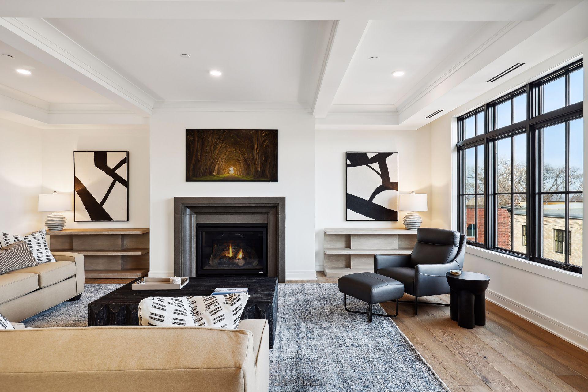 Gas fireplace anchors one end of the living room