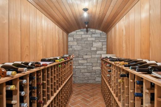 Stunning wine room with stone walls and tiled floor