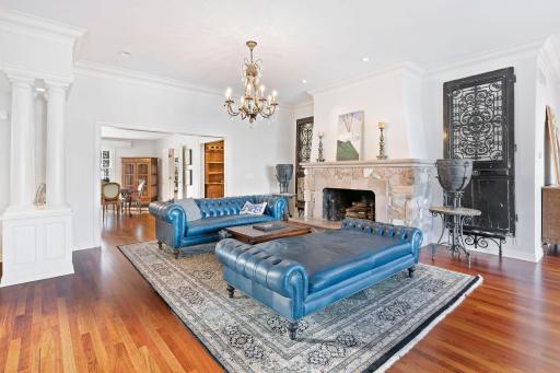 Cozy up by the stone surround wood burning place.