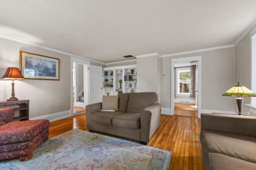 Traditional farmhouse built-ins add character to the living room