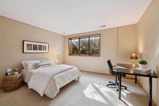 Spacious and inviting lower-level bedroom with large egress windows for natural light and safety.