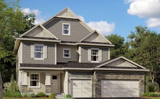 The Taylor C exterior offers exceptional detailing with Hardie front siding, shake details and generous use of stone. Home will include front landscaping, irrigation and sod in the spring. Photo is a rendering, color and finish can vary.