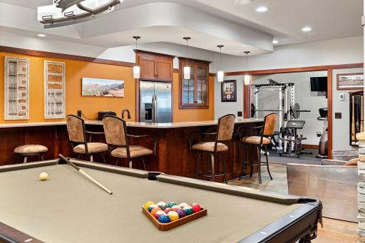 Lower level bar area with full sized fridge, dishwasher and sink