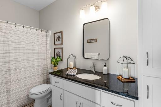 This full bath on the main level offers both style and function, featuring sleek finishes and modern design. It includes a combination tub and shower, a spacious vanity with ample storage, and elegant lighting fixtures.