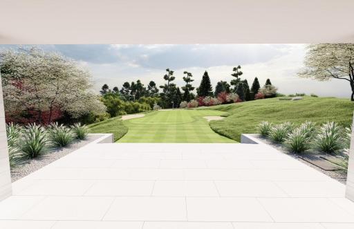 Concept2 view from pool deck over yard / green to south