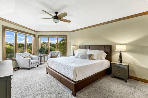 Vaulted ceilings with crown molding and fan