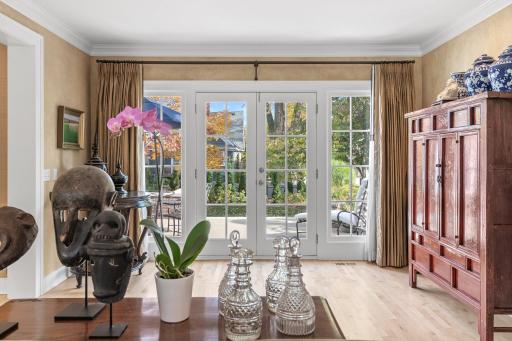 French doors from the living room to the rear terrace.