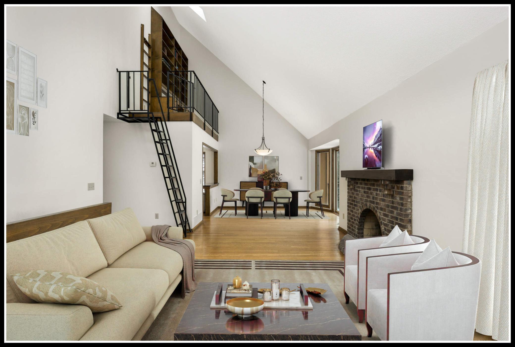 Open concept living and dining room with hardwood floors (virtually staged)