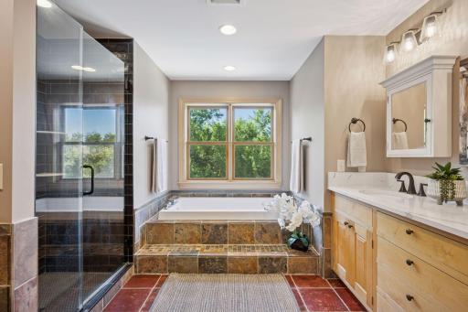 Upper level bath with separate shower and jetted tub