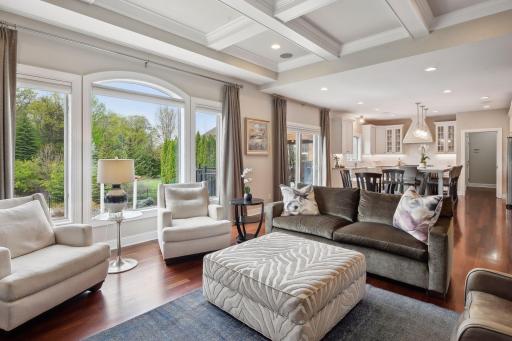 Coffered ceilings add character and charm to the living room. Notice the built in ceiling speakers as well. You will find these throughout the entire home.