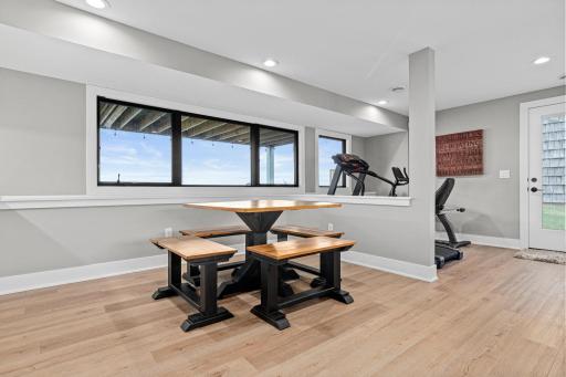 The lower-level entertaining space is perfect for midday snacks and hosting game night.