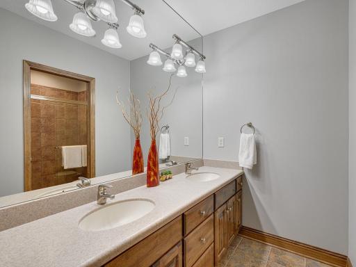 Lower level 3/4 bath with double vanity and tiled walk-in shower!