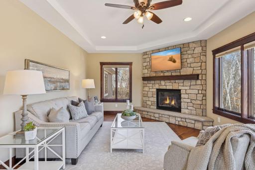 The family room on the main level offers a 2nd gas fireplace and views of the backyard.