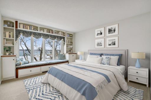The upper level offers four spacious bedrooms, all with views of Lafayette Bay and freshly painted. This bedroom utilizes a full-size bath in the hallway.