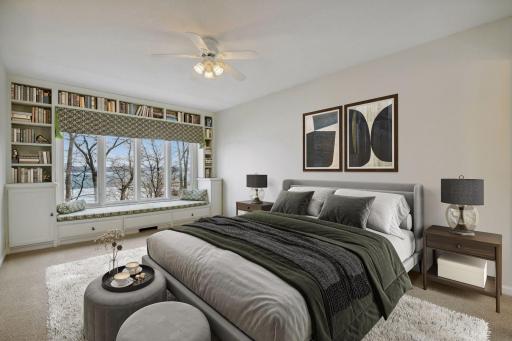 Bedroom with built-in bench and separate desk space