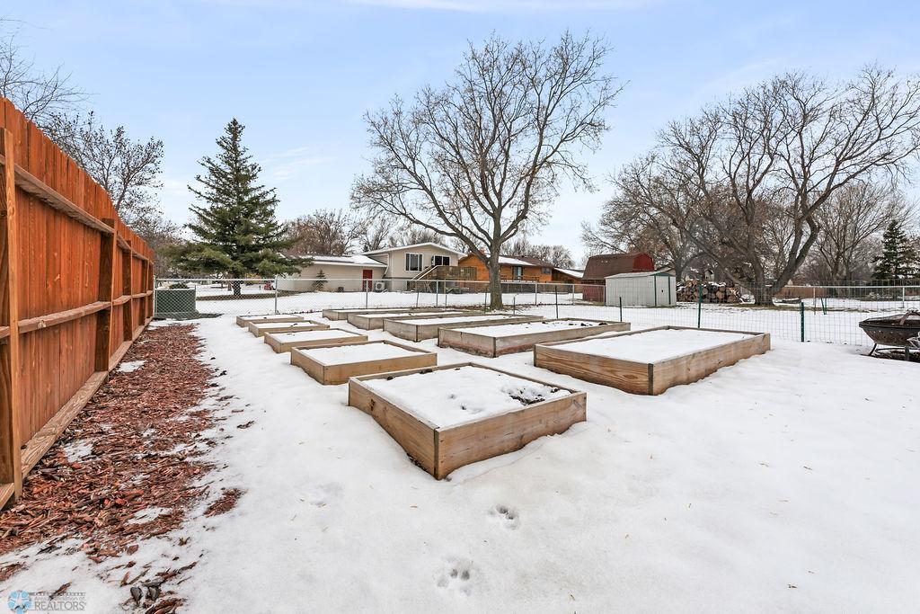 Fenced-in garden with raised beds
