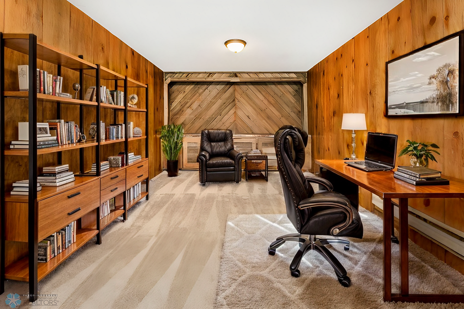 Virtually Staged Flex Room/Office/Game Room w/ Wood accent wall & Cabinets/Counter storage