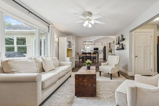 The expansive living room flows nicely into the eat in kitchen and dining room.